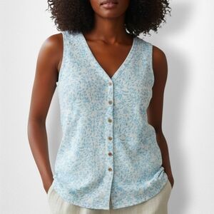 Elegant Blue Floral Button-Down Sleeveless Shirt